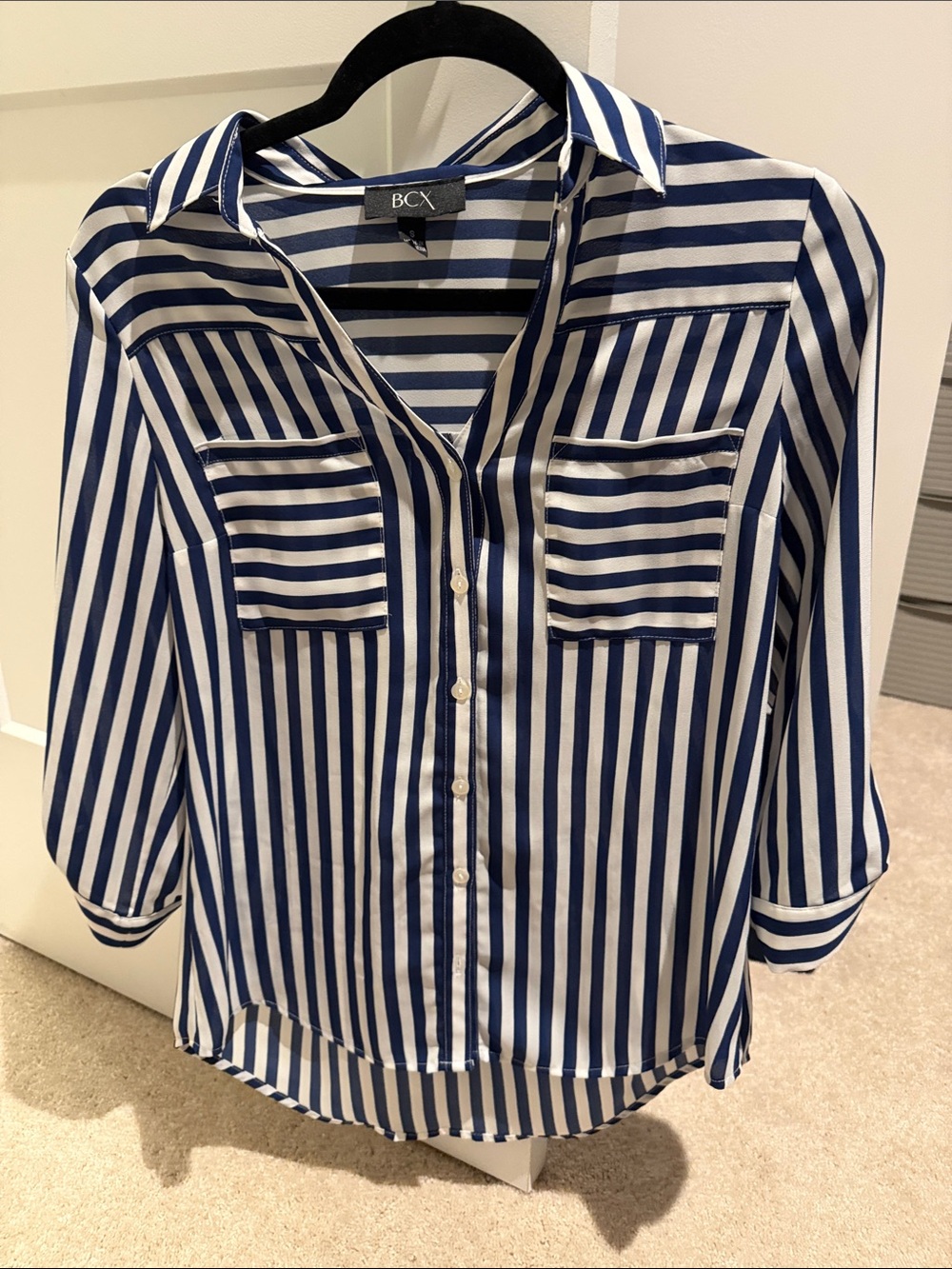 BCX Blue and White Vertical Stripe Button-Front Shirt